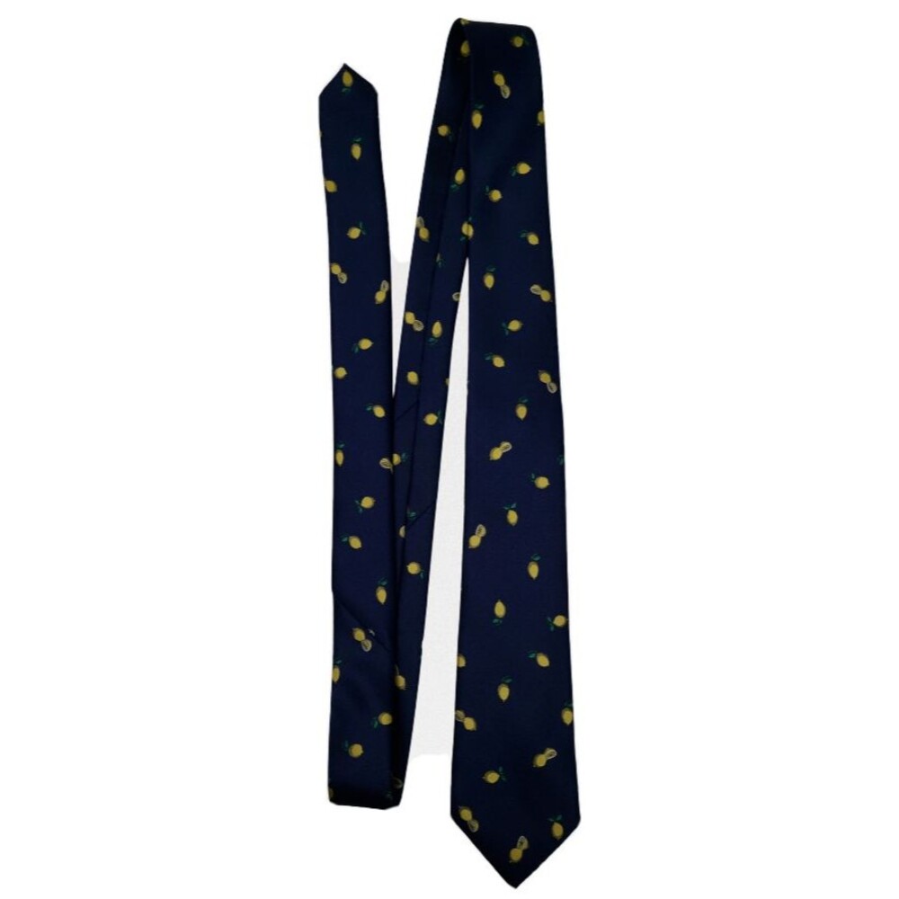 Banana Republic Mens Classic Tie Navy Blue Yellow Green Lemons Print 3" x 58"